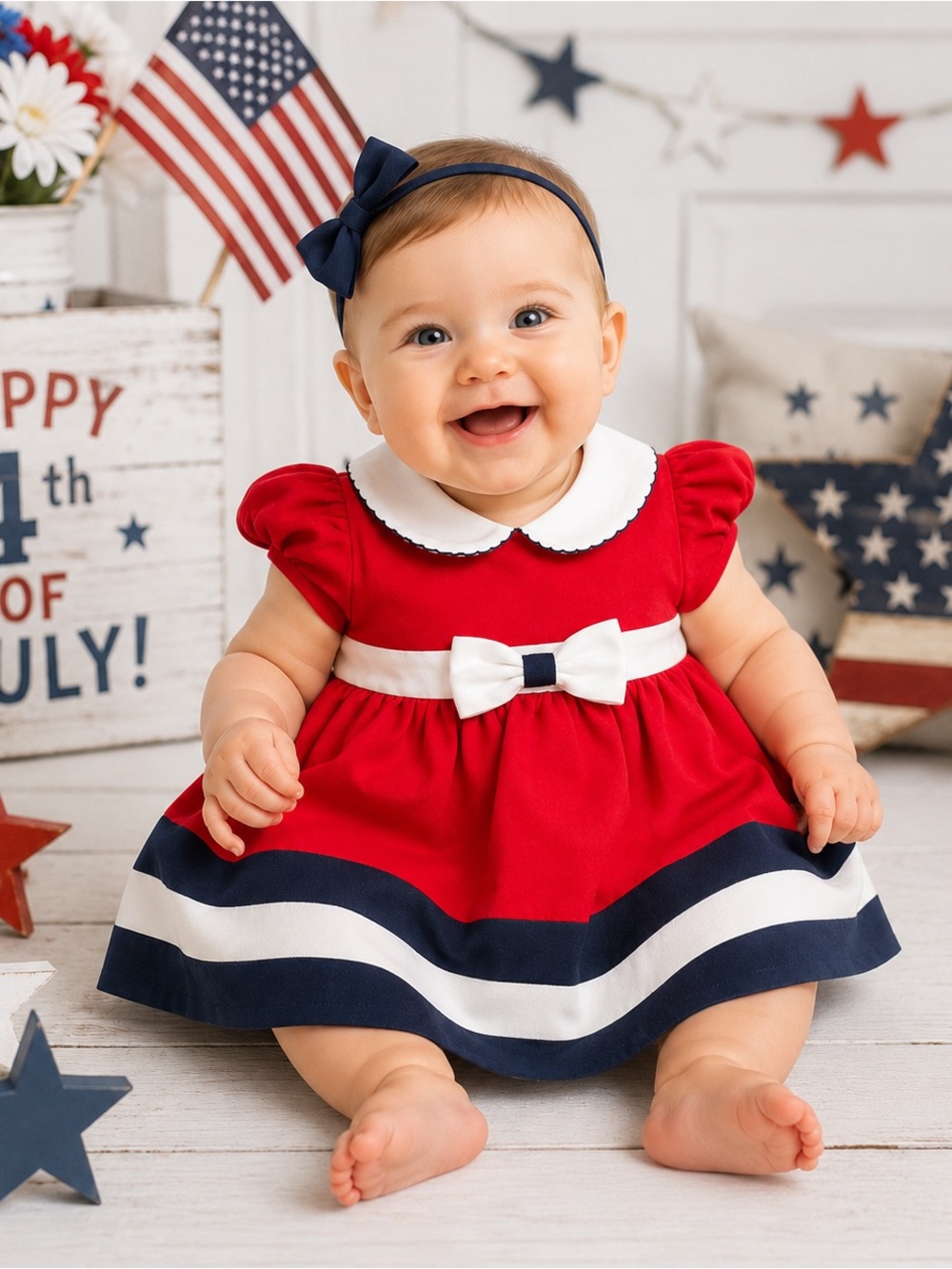 Bonnie Baby Patriotic Red White & Blue Short Sleeve Bow Dress Side 6-9 mo